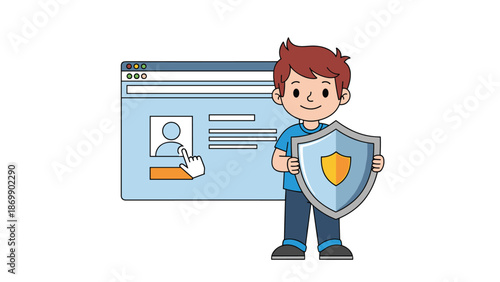 Young boy holding a large shield in front of a computer screen with a profile login representing internet security and safety.