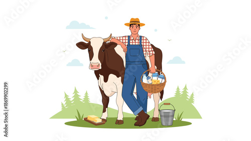 Farmer standing next to a dairy cow with baskets of milk, butter, and cheese in a beautiful rural farm landscape.