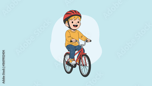 Happy young boy riding a red bicycle and wearing a safety helmet, promoting active play and outdoor safety for children.