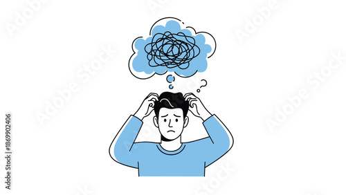 Worried man clutching his head with a thought bubble of tangled lines, depicting confusion, stress, and anxiety.