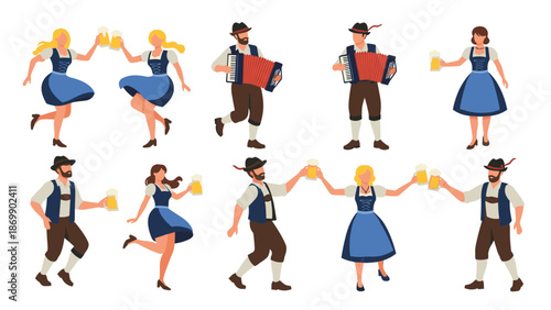 Festive collection of people in traditional Bavarian costumes dancing, playing accordion, and drinking beer for Oktoberfest.