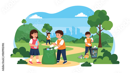 Group of diverse school children volunteering together to pick up litter and recycle trash in a beautiful city park environment.