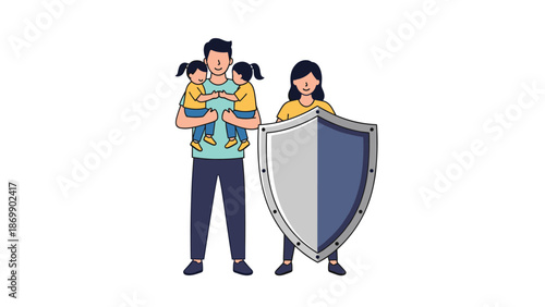 Family standing together behind a large protective shield, symbolizing safety, security, and family protection services.