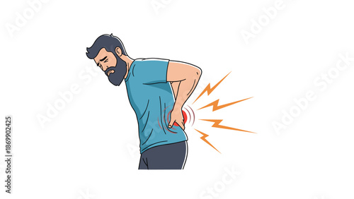 Middle aged man with a beard experiencing severe lower back pain and spinal discomfort against a clean white background.