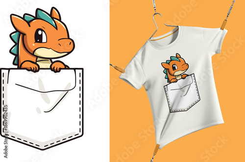 Cute dragon peeking out of pocket design on t-shirt