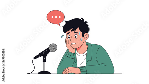 Anxious man sweating and looking worried while standing in front of a microphone to give a speech or performance at an event.