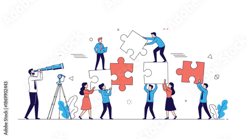 Team of business professionals collaborating and solving problems by connecting large jigsaw puzzle pieces in a modern office setting.