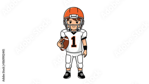 Small boy dressed in full American football protective gear including a helmet and pads while holding a brown leather football.