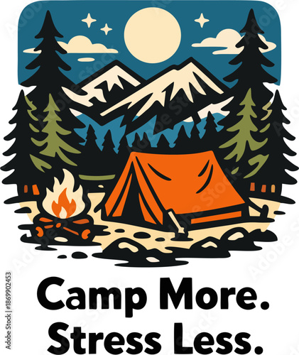 A colorful and detailed illustration of a camping scene, featuring a tent, campfire, and towering mountains under a starry sky. Perfect for outdoor-themed designs, travel projects, and nature-inspired