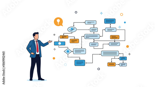 Businessman in a suit pointing towards a complex organizational flowchart or process diagram for a business presentation.