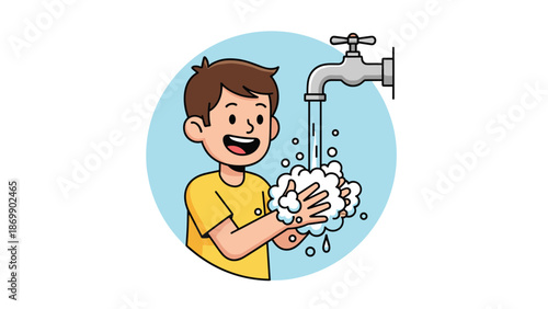 Happy young boy practicing good hygiene by washing his hands with soap and water from a tap in a blue circular frame illustration.
