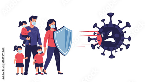 Protected family wearing face masks and holding a shield to stay safe from a large angry virus character during a pandemic.