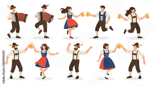 Set of people dressed in traditional Bavarian dirndl and lederhosen celebrating with beer and music for an Oktoberfest festival.