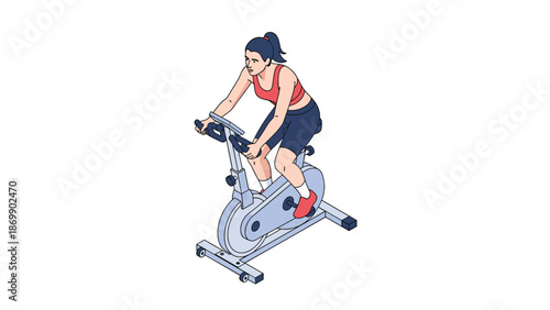 Athletic woman in a tank top and shorts working out on a modern stationary exercise bike for fitness and physical health.