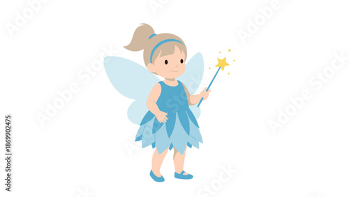 Cute little fairy girl with wings and a magic wand dressed in a blue petal skirt against a plain white background.