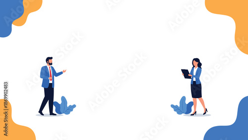 Professional man and woman standing apart and communicating in a business environment with decorative abstract shapes.