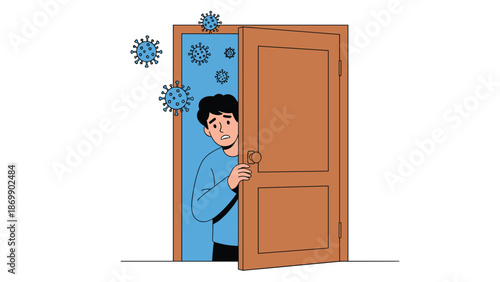 Concerned man peeking through a partially open wooden door at large blue virus particles floating in the hallway.