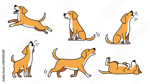 Collection of cute cartoon beagle dog characters showing various actions like sitting, running, barking, and playing.