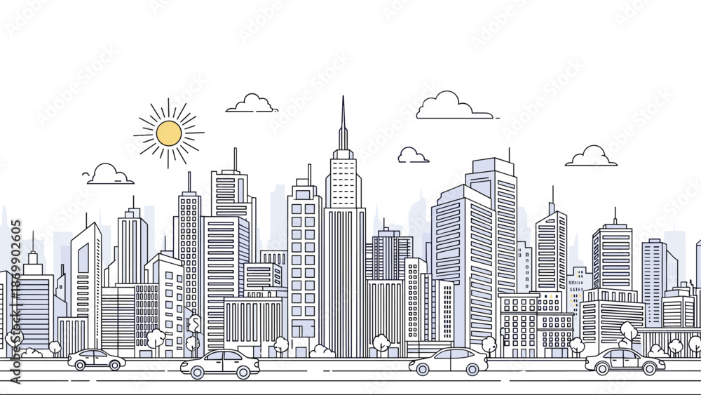Fototapeta premium Detailed line art illustration of a modern city skyline with skyscrapers, cars, trees, and a bright sun in the clouds.