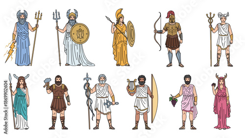 Large set of detailed line drawings of various Greek gods and goddesses in classical poses with their iconic symbols.