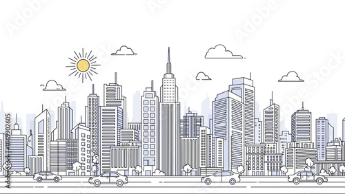 Detailed line art illustration of a modern city skyline with skyscrapers, cars, trees, and a bright sun in the clouds.