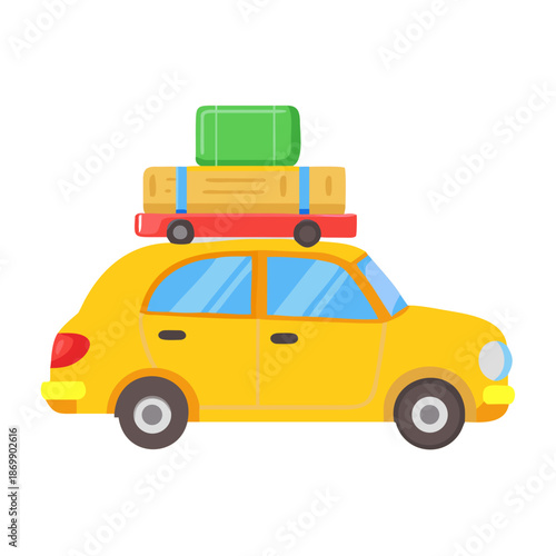 Yellow car with luggage on top for road trip adventure