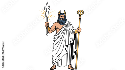 Powerful depiction of the Greek god Poseidon standing with a glowing trident and a golden staff in traditional robes.