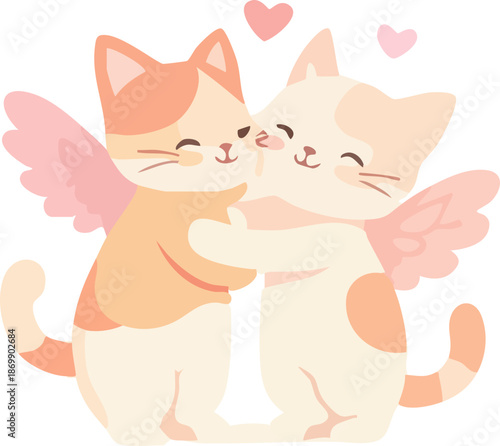 A cute pastel cartoon illustration of two smiling cats hugging each other with angel wings and floating hearts, expressing love and affection.