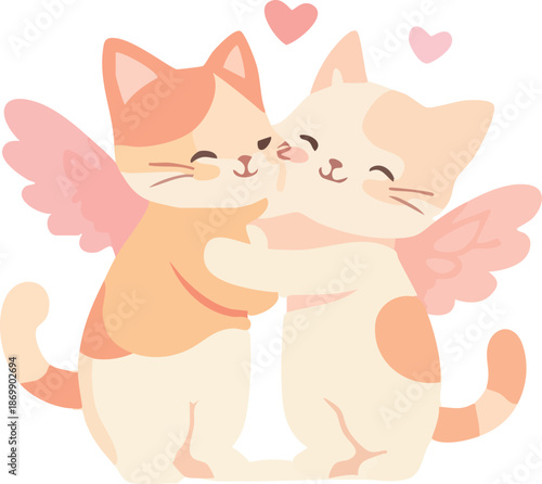 A cute pastel cartoon illustration of two smiling cats hugging each other with angel wings and floating hearts, expressing love and affection.