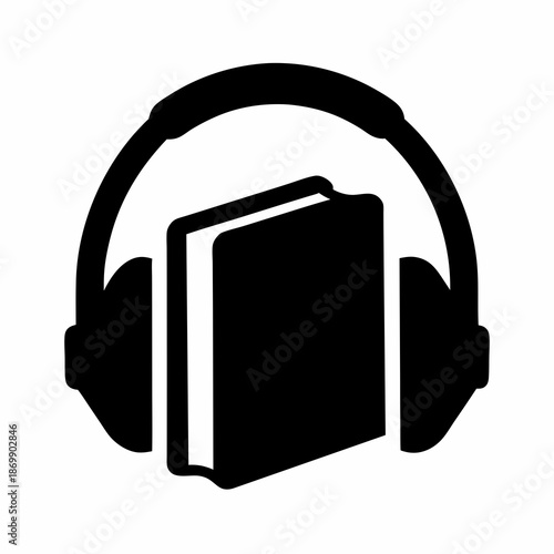 Black Silhouette of Headphones Around a Book Representing Audiobooks or Podcasts