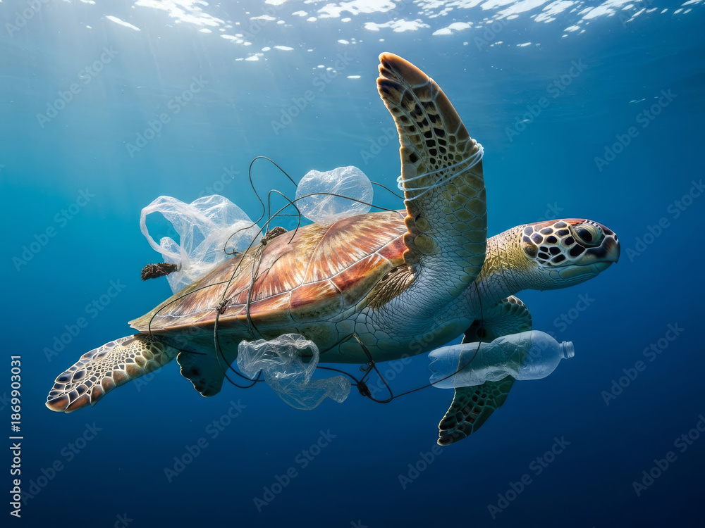 Obraz premium Sea turtle trapped in plastic waste highlighting ocean pollution crisis