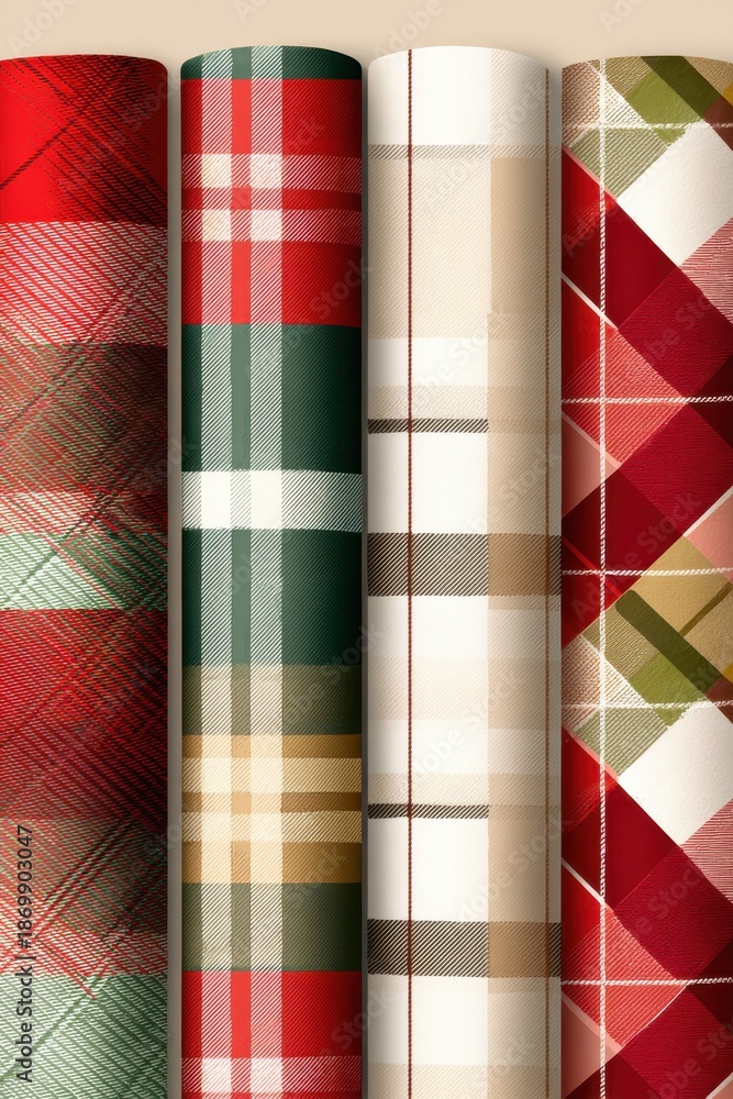 Fototapeta premium Three plaid patterns in red, green, and beige on rolled wallpaper with botanical can design