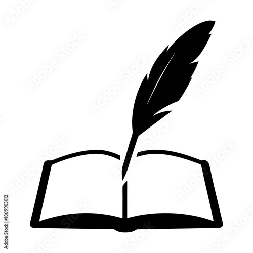 Literary creation with a feather quill pen and an open book illustration