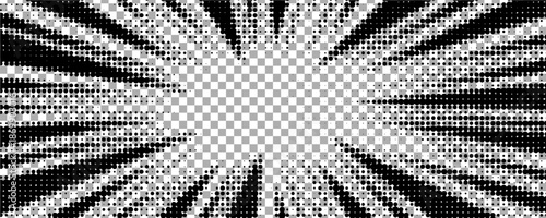 Edge frame. Halftone cartoon border. Pop art dot. Attention pattern. Faded attention texture. Black line isolated on white background. Concentration lines design. Grunge dots zoom.