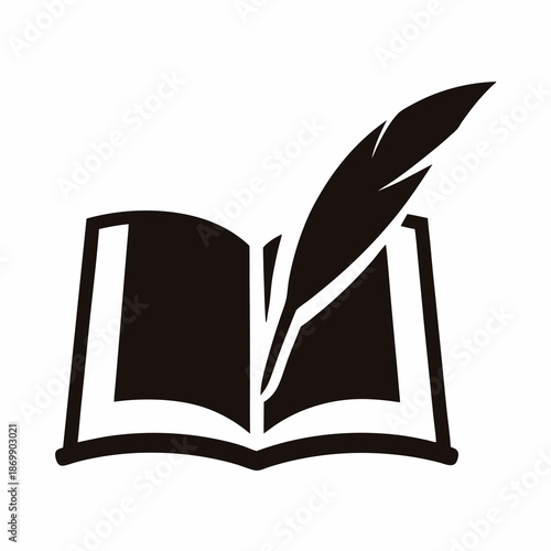 Open book with feather quill pen silhouette for writers and readers