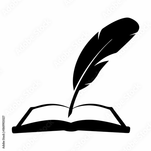 Symbolic illustration of a black feather quill writing in an open book