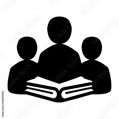Three abstract figures reading a book together, collaborative learning concept symbol