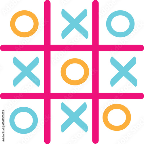 Brightly colored tic tac toe game board featuring alternating orange circles and light blue crosses on a white background.
