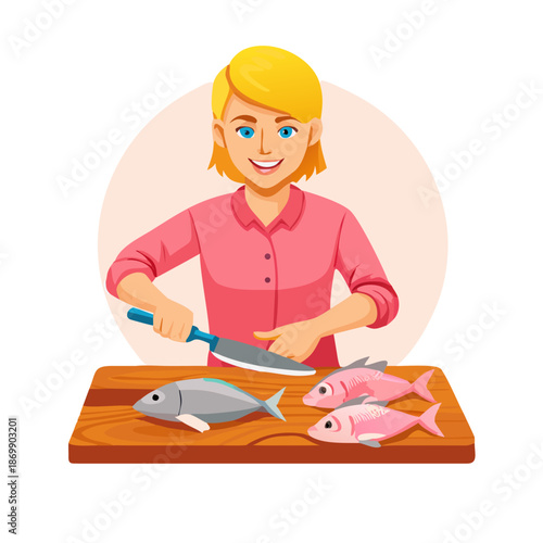 A woman is cutting Fishes 