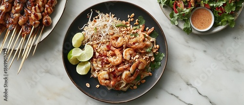 Panel kuchenny z motywem Shrimp Pad Thai with Peanuts, Lime, and Grilled Chicken Skewers on the Side