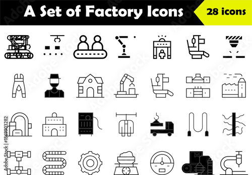 Factory Line Icons Pack, 28 Outline Icons Set for Industry Manufacturing Production Warehouse Machinery Automation Engineering, SVG PNG Vector Download Editable Minimal Thin Style