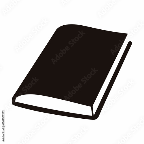 A minimalist representation of a closed book with a dark cover and pages