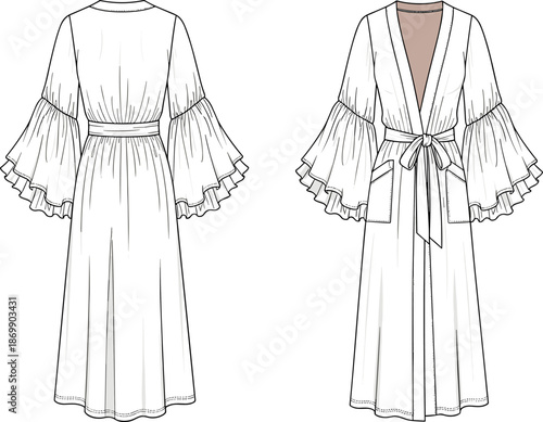 Vector technical drawing of women's kimono robe with tiered bell sleeves, front and back view, fashion flat sketch illustration for design template.
