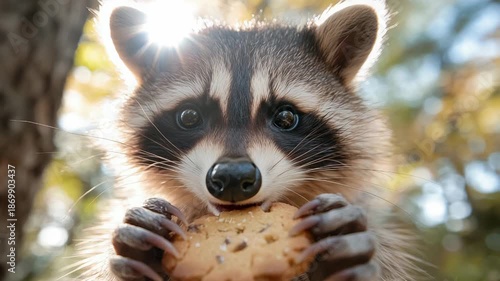 Curious raccoon eating biscuit in sunlit forest with playful expressions