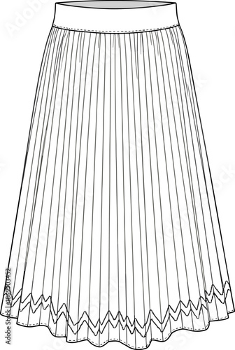 Vector technical drawing of women's pleated midi skirt with zigzag hem, front view, black and white fashion flat sketch illustration for design template.