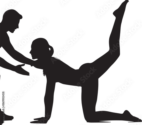 Silhouette of Female Athlete Doing Glute Kickbacks with Personal Trainer Guidance in Gym