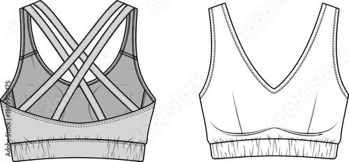 Vector technical drawing of women's sports bra with cross back straps, front and back view, fashion flat sketch illustration for activewear design template.