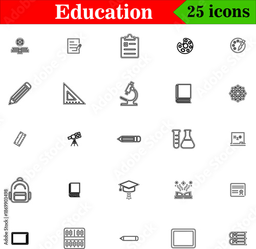 Education Line Icons Pack, 25 Outline Icons Set for School Learning University Teaching Classroom Student Knowledge Study, SVG PNG Vector Download Editable Minimal Thin Style