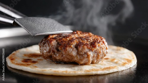 Juicy grilled burger patty smoking on flatbread in closeup cooking sequence