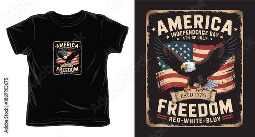America independence day 4th of july freedom tshirt design with flying bald eagle american flag and vintage distressed border